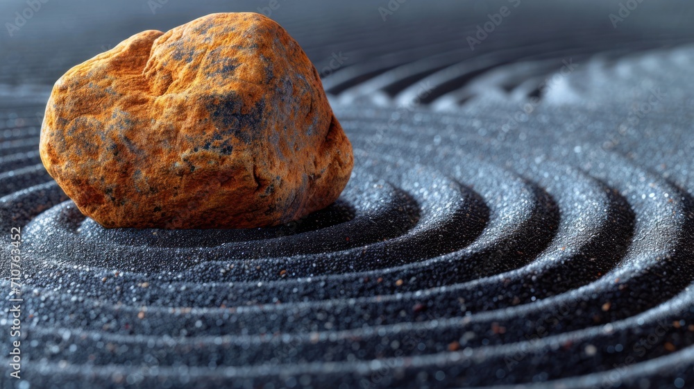 Poster a rock sitting on top of a rock in the middle of a circular pattern of black and white lines and cir