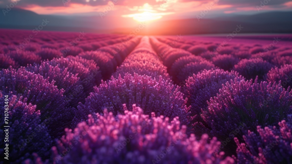 Poster a field of lavender flowers with the sun setting in the distance in the distance is a field with row