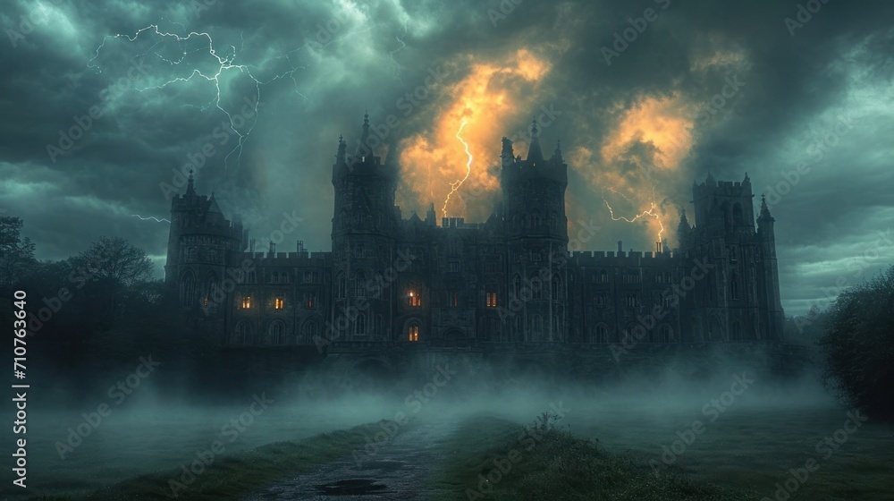 Aufkleber a castle in the middle of a storm with a lightning bolt in the sky above it and a path leading to it