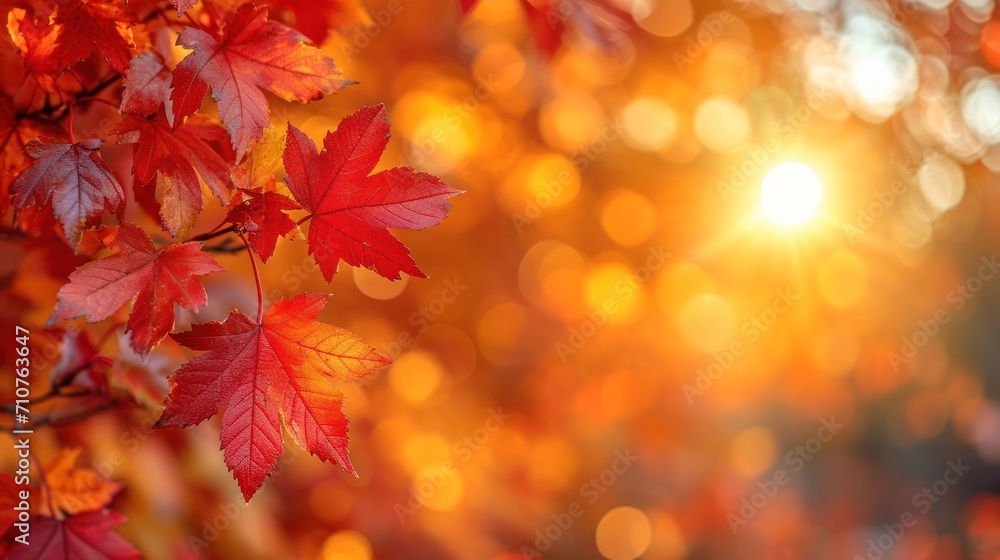 Poster a branch of a tree with red leaves in front of a blurry background of yellow and red leaves in the f