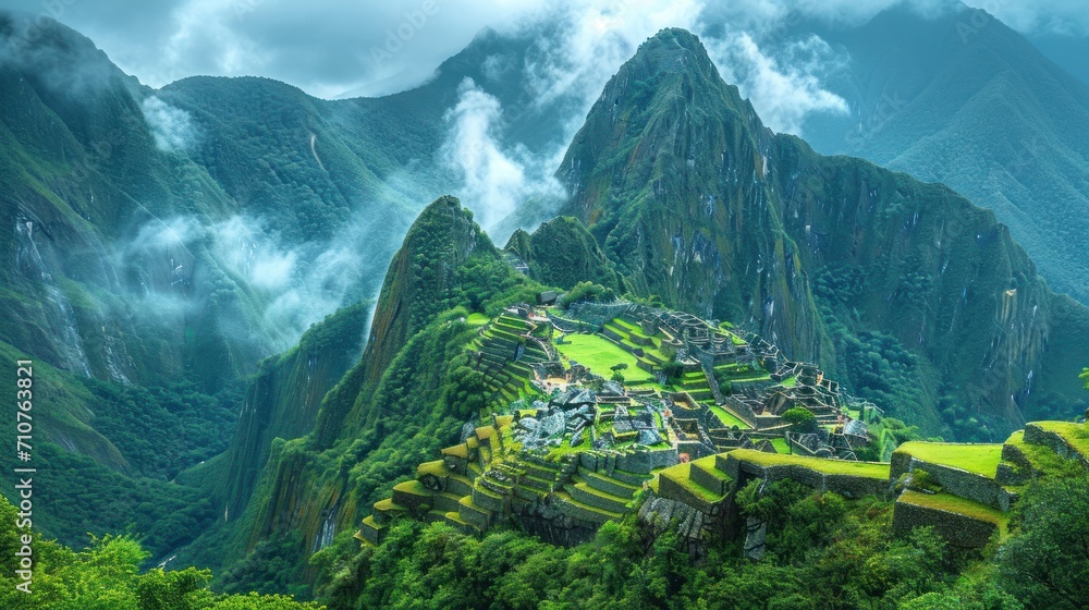Poster a scenic view of a mountain range with a village on the top of the mountain in the foreground and cl