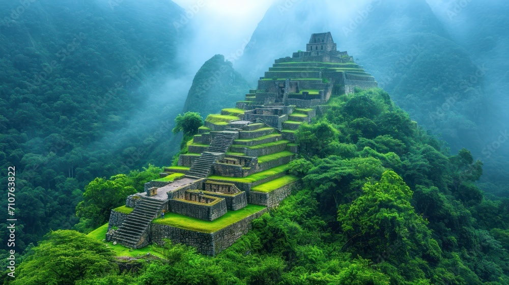 Poster an aerial view of a mountain with a group of buildings built into the side of a mountain in the midd