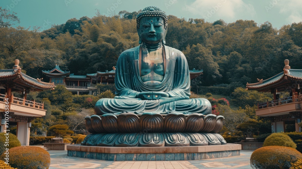 Aufkleber a statue of a buddha sitting in front of a building with a pagoda in the back ground and trees in th