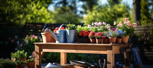 Gardening tools and flowerpots in a sunny garden   essential set for gardening enthusiasts