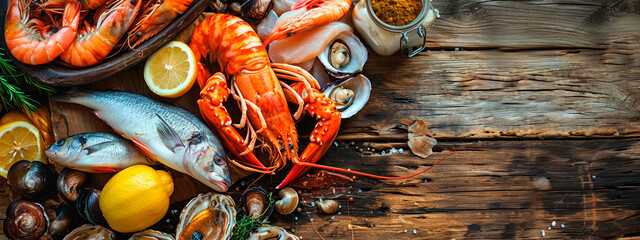 Various seafood on a wooden background. Selective focus.