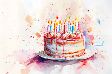 Birthday pink and  blue cake with candles watercolor illustration isolated on white background