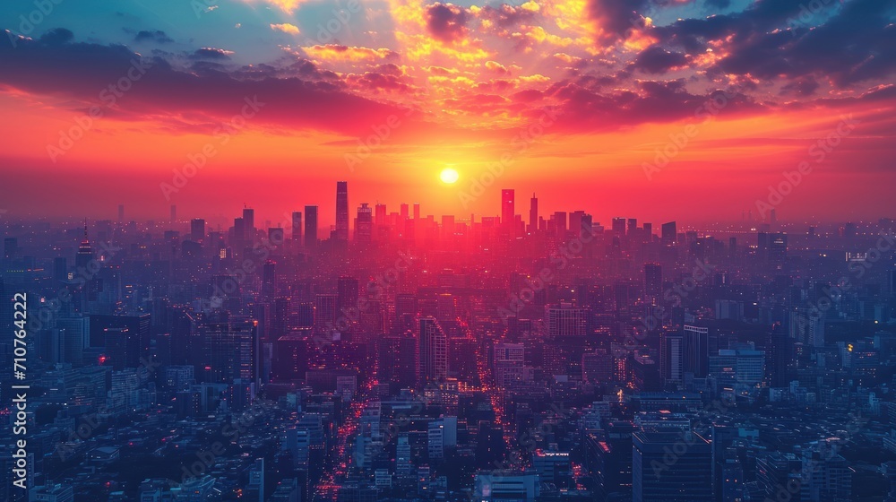 Poster the sun is setting over a cityscape with skyscrapers in the foreground and clouds in the background.