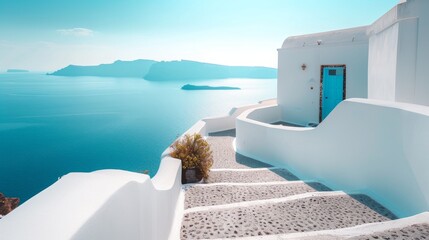 Minimalism, graphic design, poster, Santorini landscape, stunning, Summer, blue sea, graphic poster