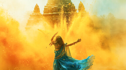 A young woman in the Indian national blue sari dress dances joyfully among the clouds of yellow...