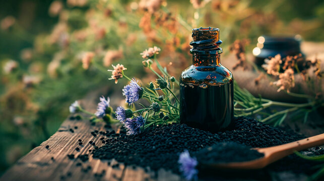 Black cumin oil on the table. Selective focus.
