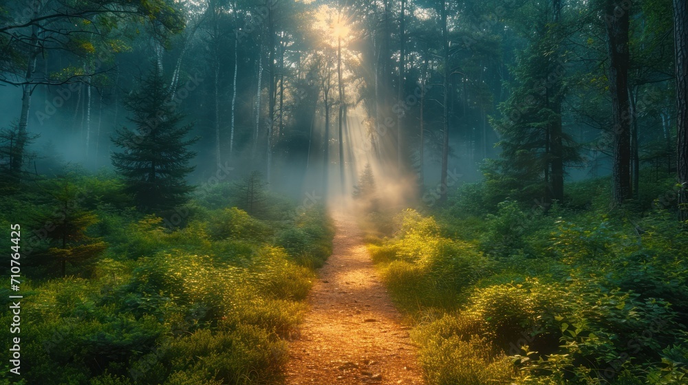 Poster a path in the middle of a forest with a bright light coming through the trees on a foggy day.