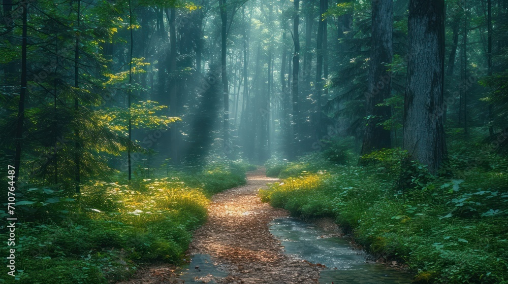 Poster a path in the middle of a forest with a stream in the middle of the path and sun shining through the