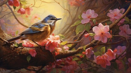  a painting of a bird sitting on a branch of a tree with pink flowers in the foreground and a yellow sky in the background.