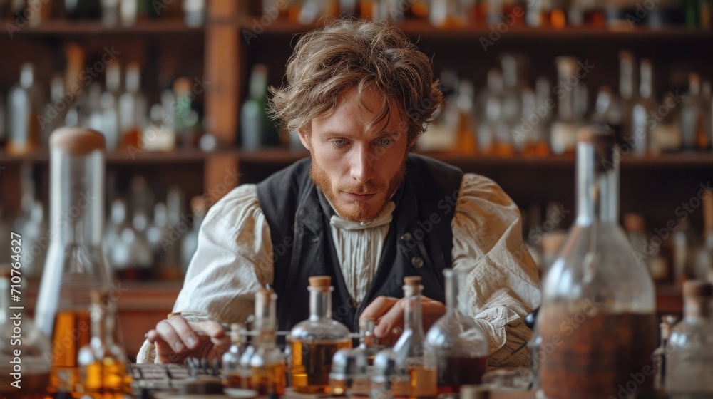 Poster a man sitting at a table with a lot of bottles on the shelves behind him and a lot of bottles on the
