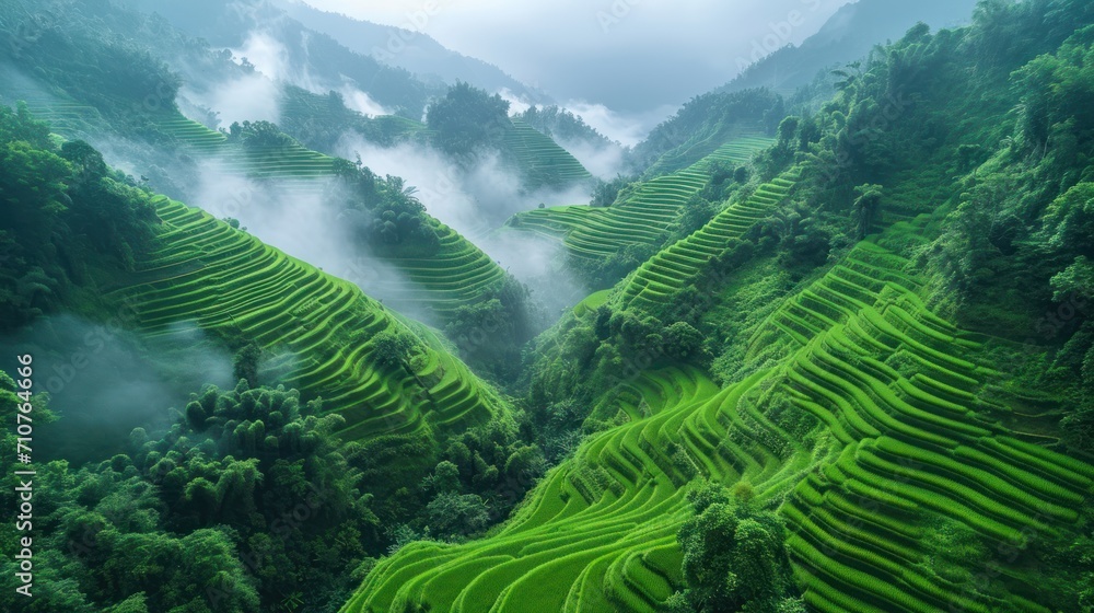 Poster an aerial view of a rice field in a mountainous area with fog in the air and trees in the foreground