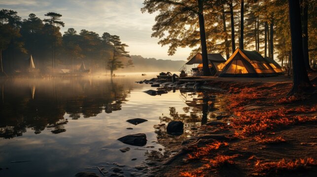  a tent is set up on the shore of a lake with a campfire in the foreground and fog in the background.