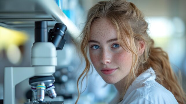  A Close Up Of A Person With A Microscope In Front Of Her And A Microscope On The Side Of Her Face.