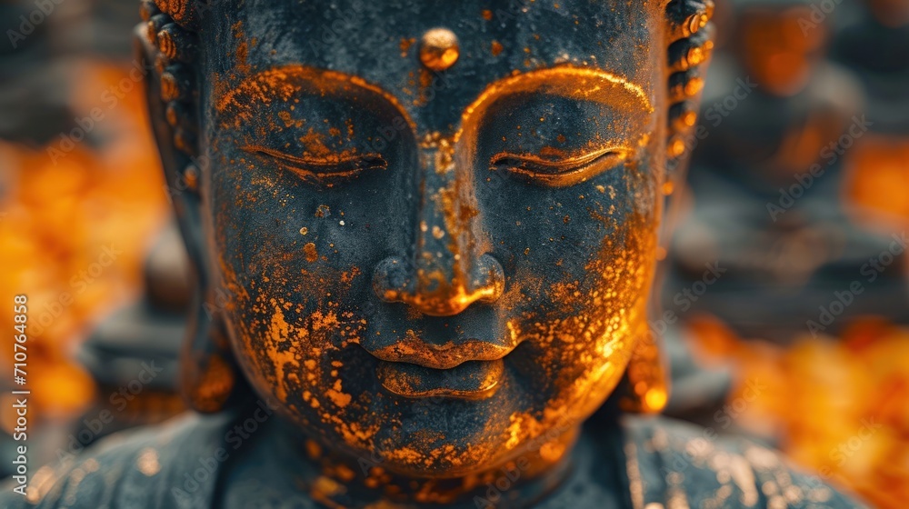 Poster a close up of a statue of a buddha in front of a group of other buddhas in the background.