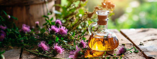 Milk thistle oil on a table in the garden. Selective focus.