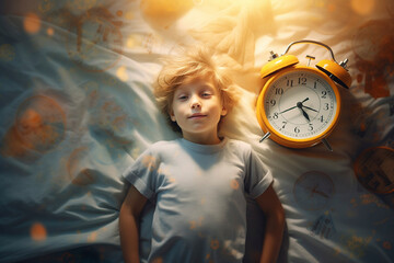 Cute little boy laying on a bed with happy face and huge alarm clock, kid in the early morning, bright modern bedroom, top view - obrazy, fototapety, plakaty