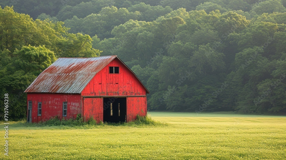 Poster a red barn in the middle of a field with a forest in the backgrounge of the field.
