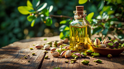 Pistachio oil on a table in the garden. Selective focus. - obrazy, fototapety, plakaty
