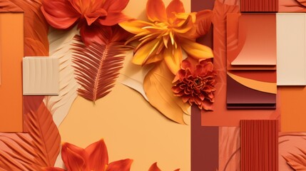  a picture of some flowers and leaves on a yellow and orange background with a white rectangle in the middle of the picture.