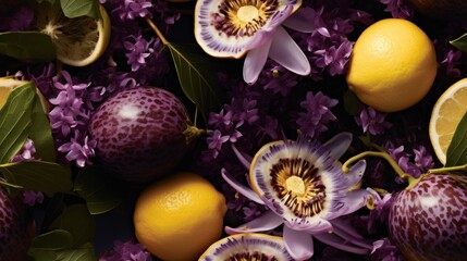Obraz na płótnie Canvas a bunch of fruit sitting on top of a pile of purple flowers and oranges on top of each other.