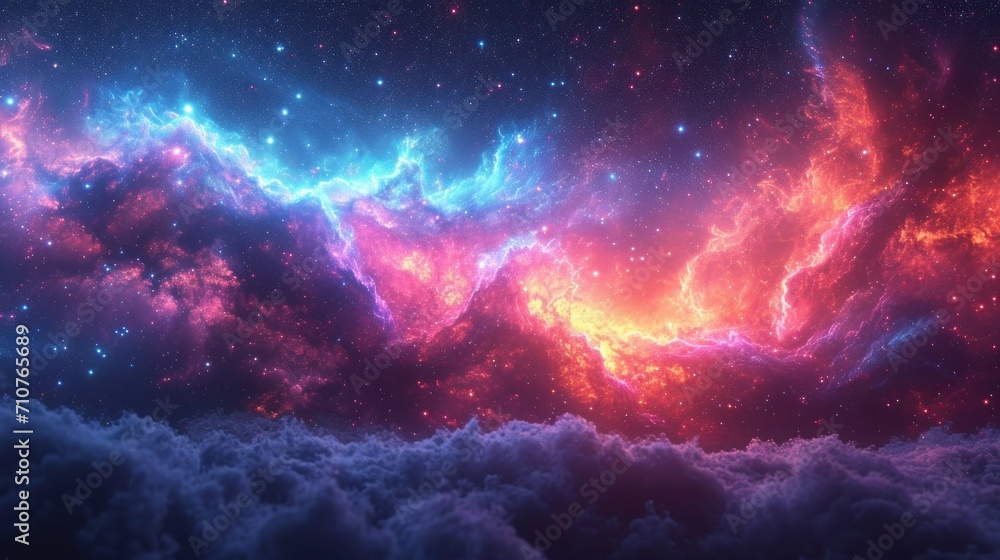 Poster a colorful nebula with stars and clouds in the background, creating a beautiful and serene atmospher