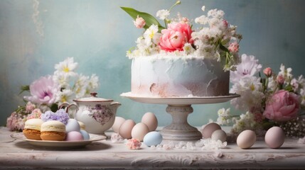  a cake sitting on top of a table next to a plate of cupcakes and a vase of flowers.
