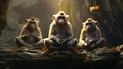 Obraz premium Varis monkeys doing yoga in monk clothing