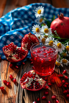 Pomegranate juice on the table. Selective focus.