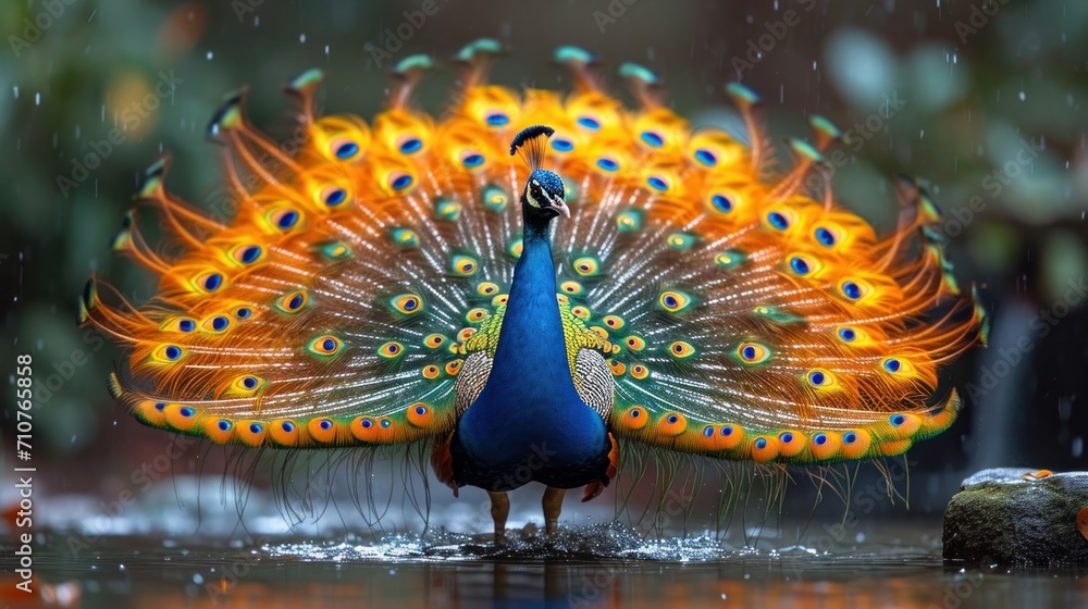 Poster a close up of a peacock with it's feathers open and it's reflection in a body of water.