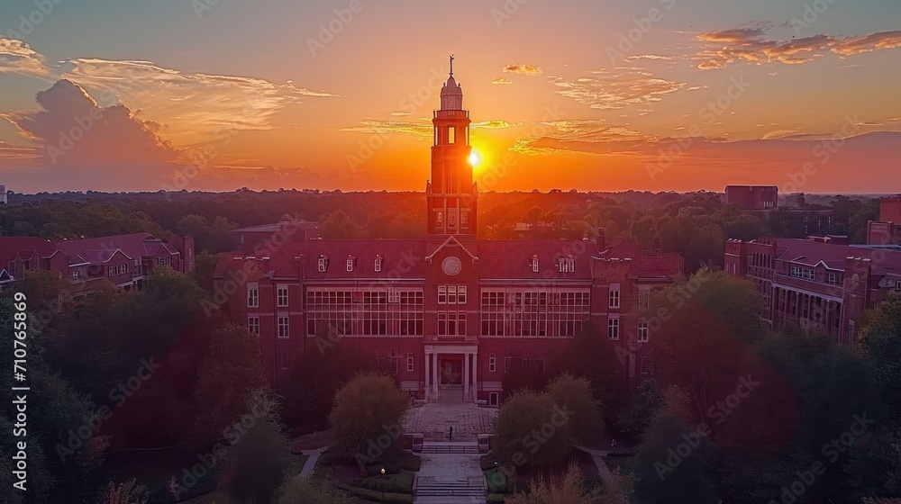 Poster an aerial view of a building with a clock tower in the middle of the building and a sunset in the ba