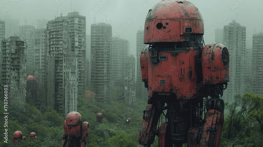 Poster a red robot standing in the middle of a lush green field in front of a large city filled with tall b
