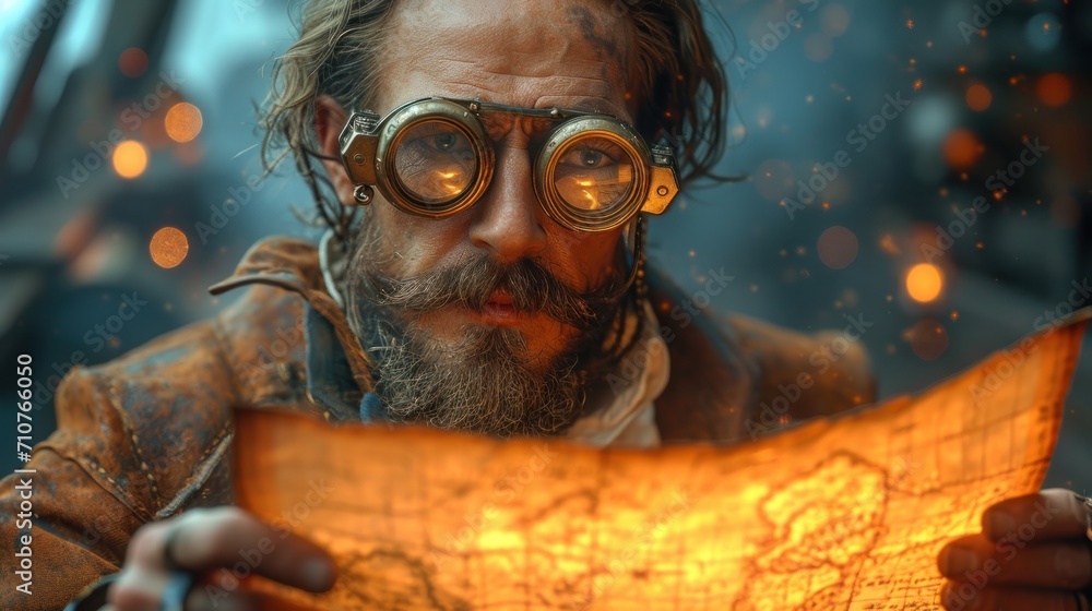Poster a close up of a person wearing goggles and holding a wooden map in front of a window with lights in 