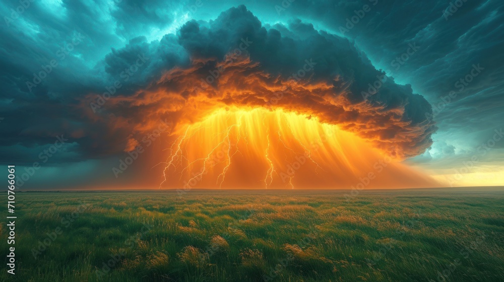 Poster a large cloud that is in the middle of a field with a lightning bolt coming out of the center of it.