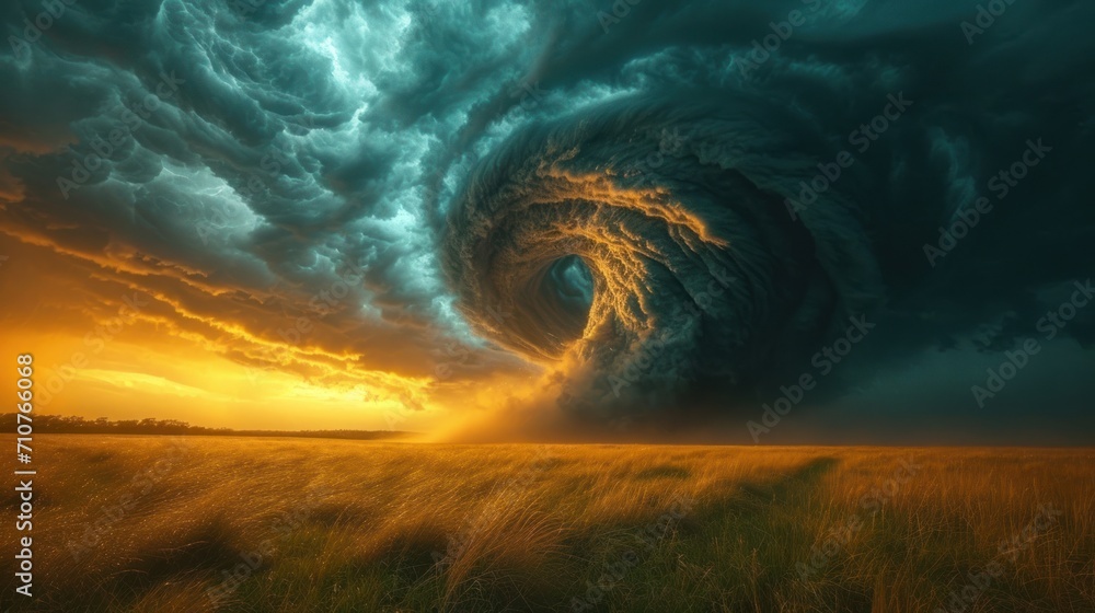 Poster a very large wave in the middle of a field with a sunset in the background and clouds in the sky.