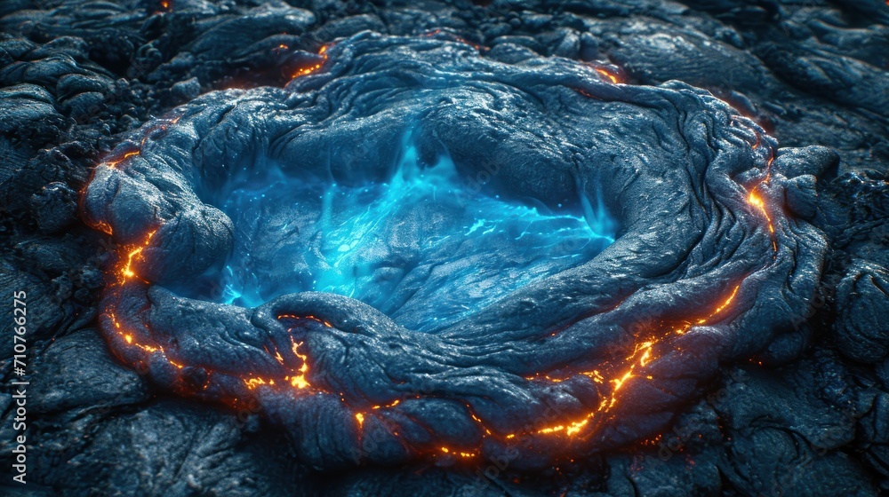 Poster a very close up view of a volcano with lava and lava in the middle of the image, with bright orange 