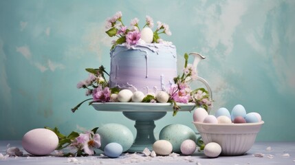  a cake sitting on top of a cake plate next to eggs and a vase with flowers on top of it.