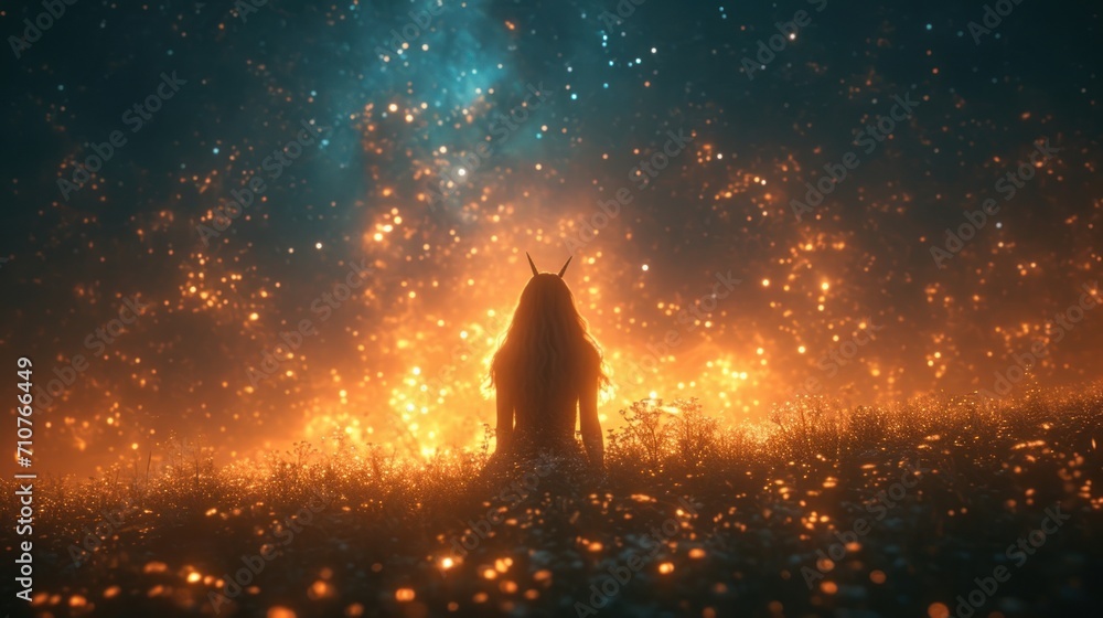Poster a person standing in the middle of a field in front of a sky filled with stars and a bright light.