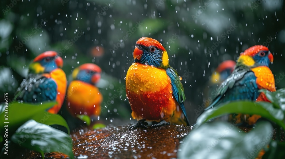 Poster a group of colorful birds sitting on top of a tree branch in the rain with drops of water on them.