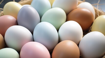  a bunch of eggs sitting in a basket on top of a table next to a plate of food on a table.