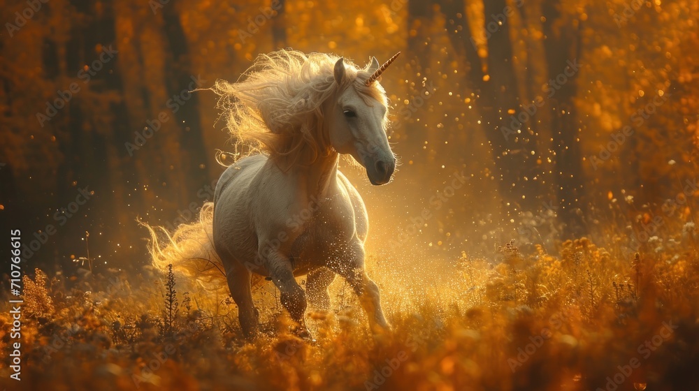 Aufkleber a white horse with a long mane running through a field of grass with trees in the background and yel