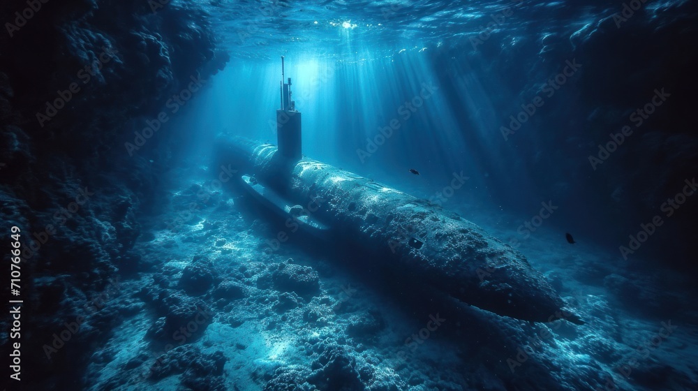 Poster a submarine floating in the ocean with a light beam coming from it's side and a light beam coming fr