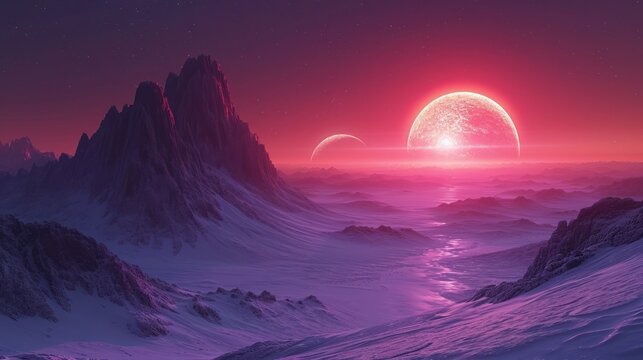  a sci - fiish landscape with mountains and a planet in the middle of the sky, with a bright red sun in the background.