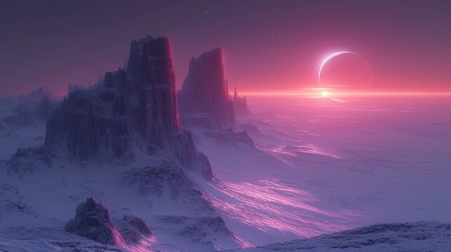  a sci - fiish landscape with mountains and a moon in the sky, and a distant planet in the distance.