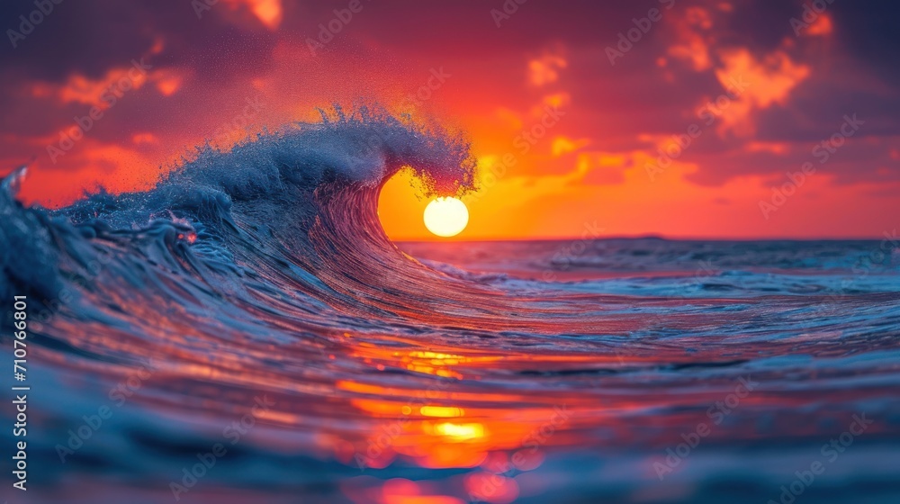 Poster the sun is setting over the ocean with a wave in the foreground and a wave in the foreground.