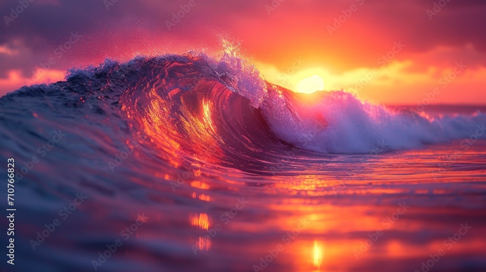 Poster a large wave in the ocean with a setting sun in the backgrounge of the wave and clouds in the sky.