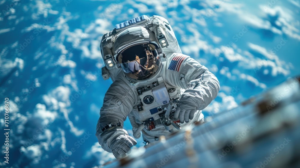 Aufkleber a man in a space suit standing on a ledge in front of a view of the earth from a space station.